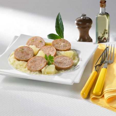 Kartoffelmos og pølse med pistacienødder