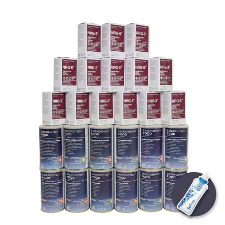 Überlebenspaket 1 Monat - Mahlzeiten, Kompaktrationen, Wasserfilter - 15 Jahre Haltbarkeit