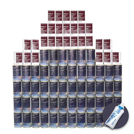 Pack Supervivencia 3 meses vegetariano - Comidas, Raciones compactas, Filtro de agua - Almacenamiento 15 años