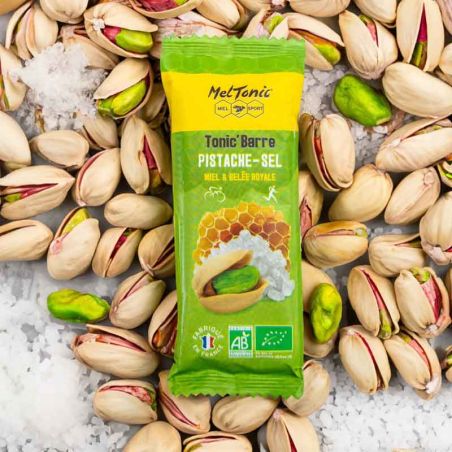 Salt ekologisk energibar Meltonic - Honung, pistaschmandlar, Guérande fleur de sel