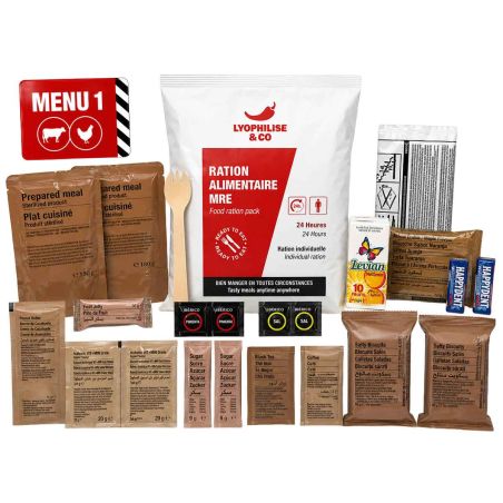 Selbsterhitzende MRE-Ration 24H – Menü 1 – Rind, Huhn