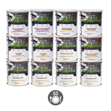 Kit de supervivencia 1 mes vegetariano - 30 desayunos, 60 comidas, 30 postres - Almacenamiento 25 años