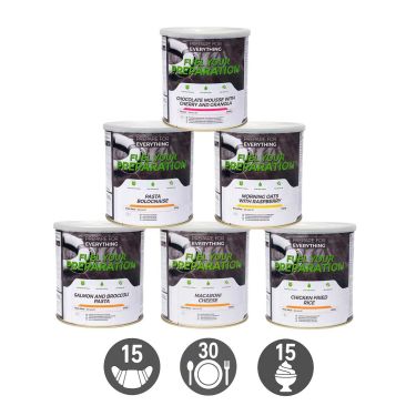 Pack Survie 15 jours - 15 Petits-déjeuners, 30 repas, 15 desserts - Stockage 25 ans
