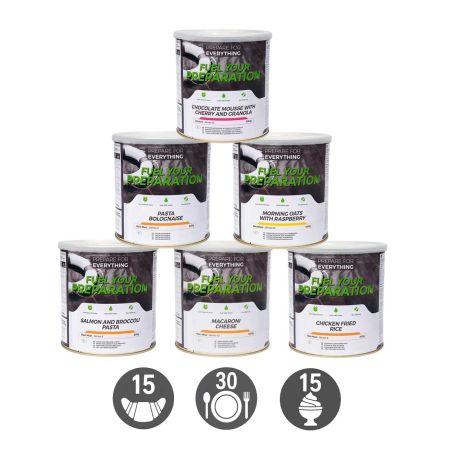 Pack Survie 15 jours - 15 Petits-déjeuners, 30 repas, 15 desserts - Stockage 25 ans