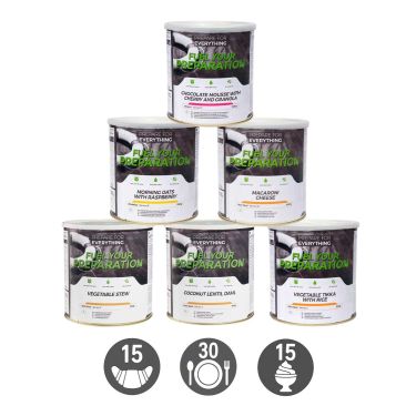 Pack Survie 15 jours végétarien - 15 petits déjeuners, 30 repas, 15 desserts - Stockage 25 ans