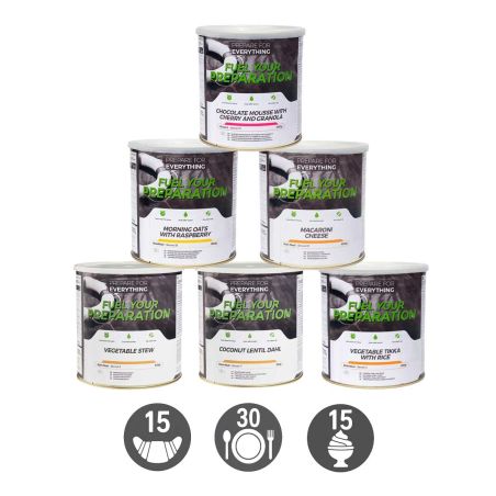 Pack Survie 15 jours végétarien - 15 petits déjeuners, 30 repas, 15 desserts - Stockage 25 ans