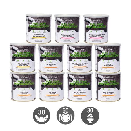 Pack survie 1 mois - 30 petits-déjeuners, 60 repas, 30 desserts - Stockage 25 ans